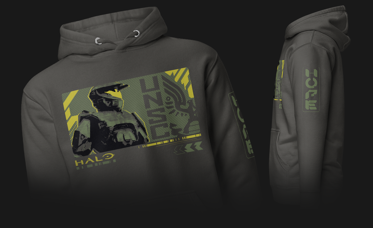 Grey Halo themed hoodie with an image of Master Chief and the UNSC logo